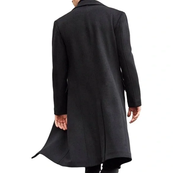 Men's Black Slim Fit Notched Collar Long Casual Trench Coat with Pocket